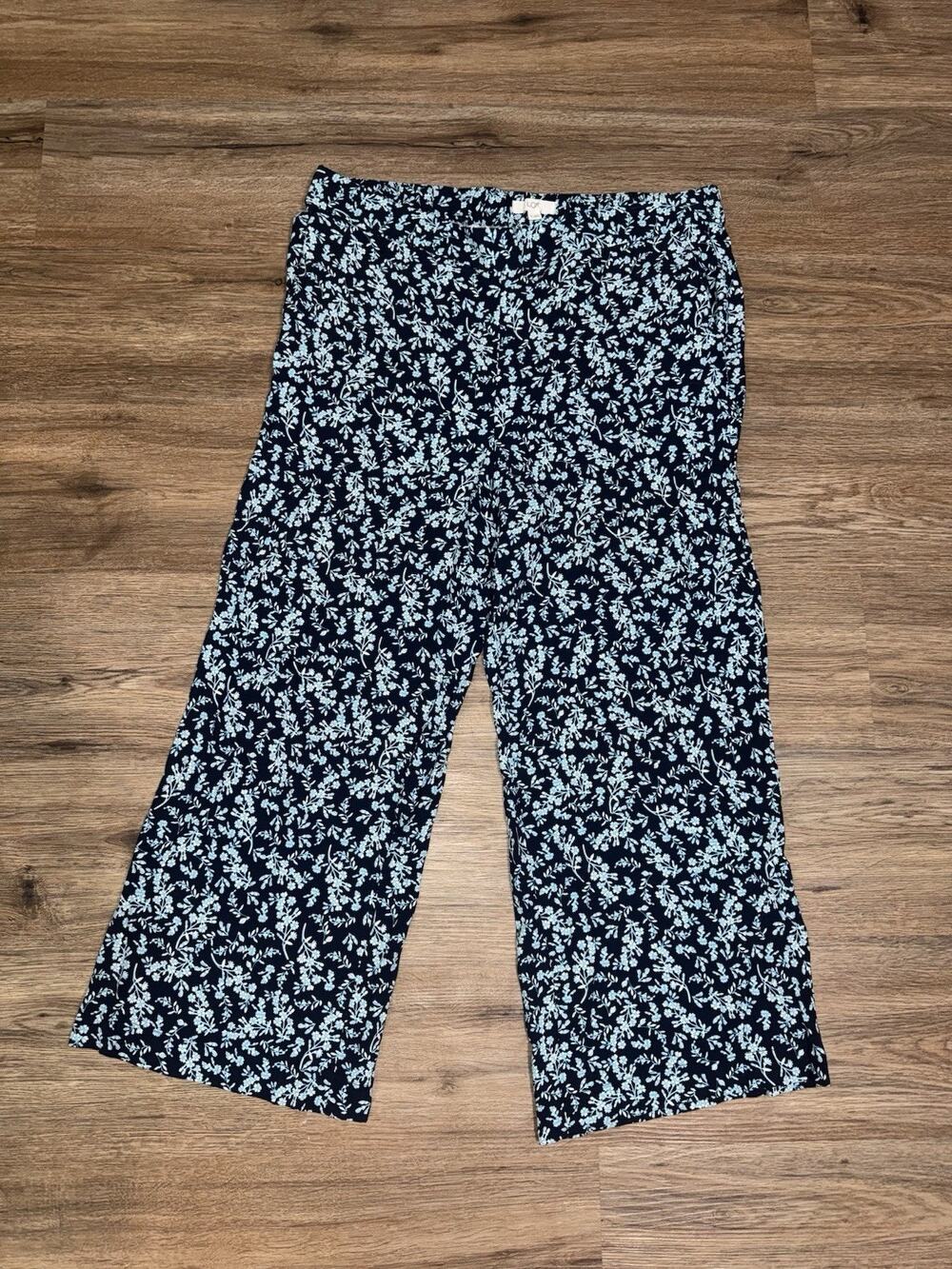 LOFT Floral Wide Leg Pants XL Petite Navy Ditsy Print Cropped Elastic Waist